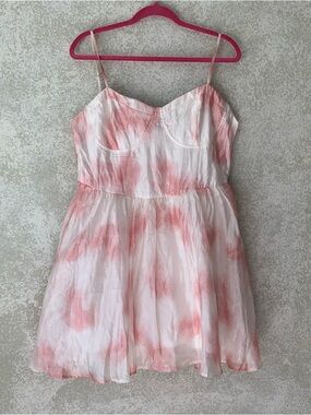 Freesia Pink & White Bustier Smocked Back Mini Dress XL Wedding Guest Prom Party